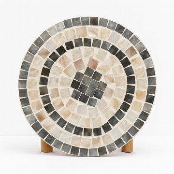 Handcrafted wooden mosaic plant stand by Miss Bette's Creations with colorful tiled surface and sturdy legs for indoor or outdoor use.