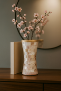 Elegant mother of pearl mosaic flower vase with floral pattern, featuring a glossy finish and intricate design.