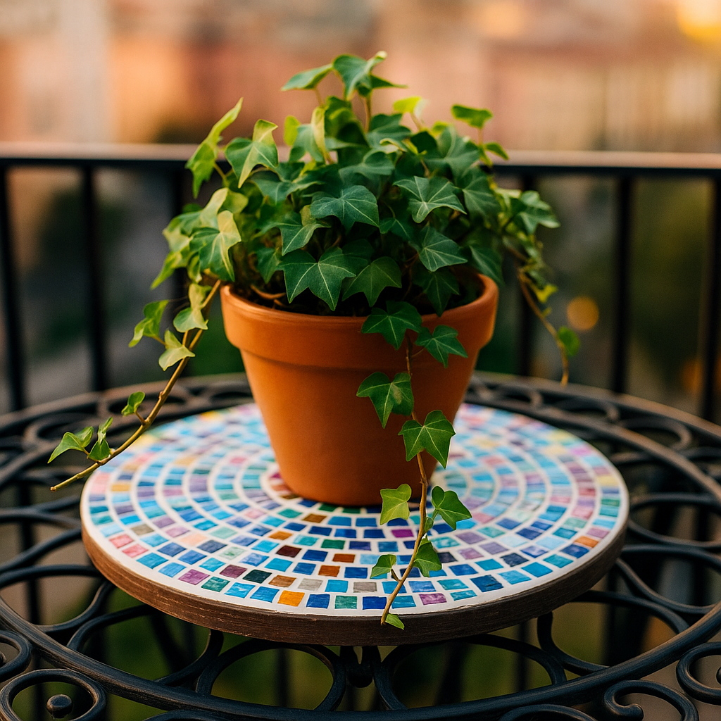 Handcrafted round rainbow mosaic plant stand with colorful glass tiles, ideal for displaying potted plants indoors or outdoors.