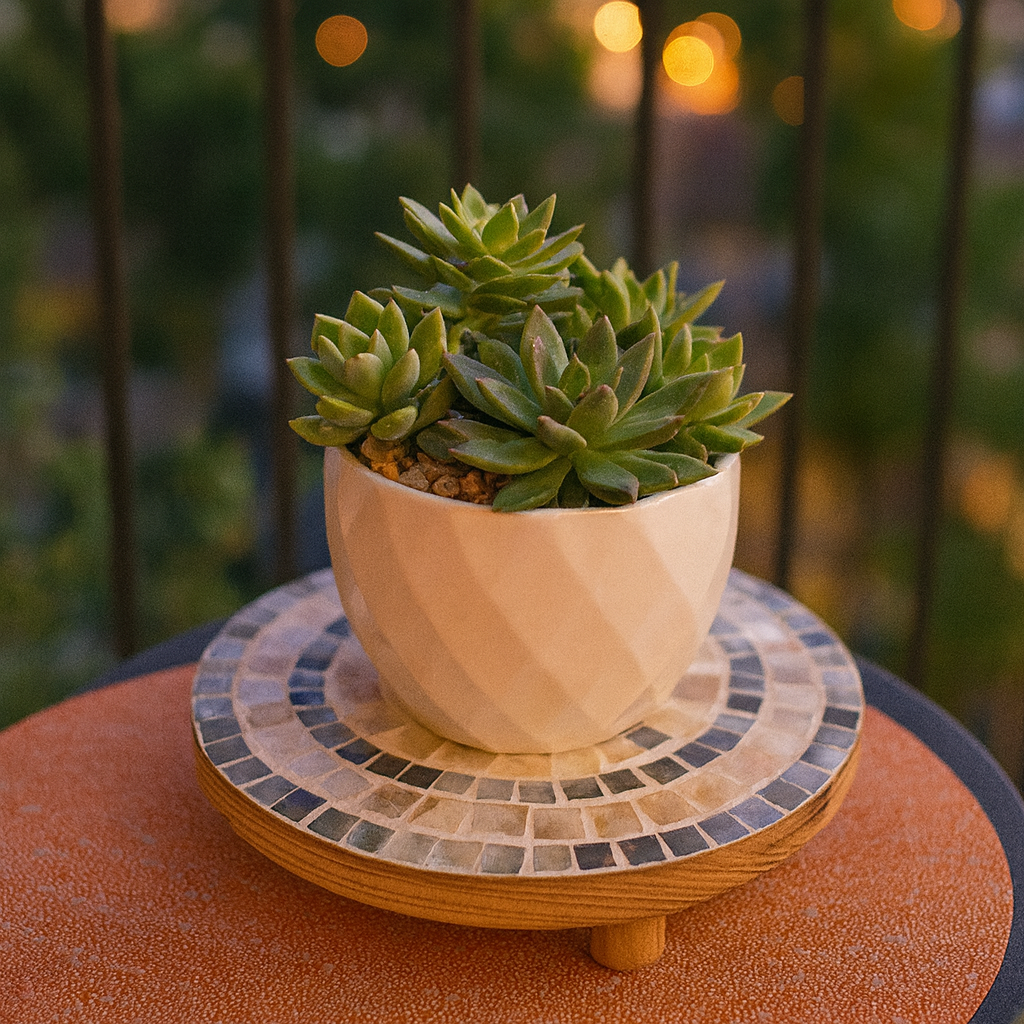 Handcrafted wooden mosaic plant stand by Miss Bette's Creations featuring colorful tiled patterns and sturdy construction.