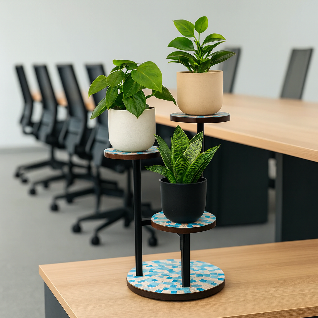 Three-tier mosaic multi-level plant stand with colorful tiled shelves, ideal for displaying indoor or outdoor plants.