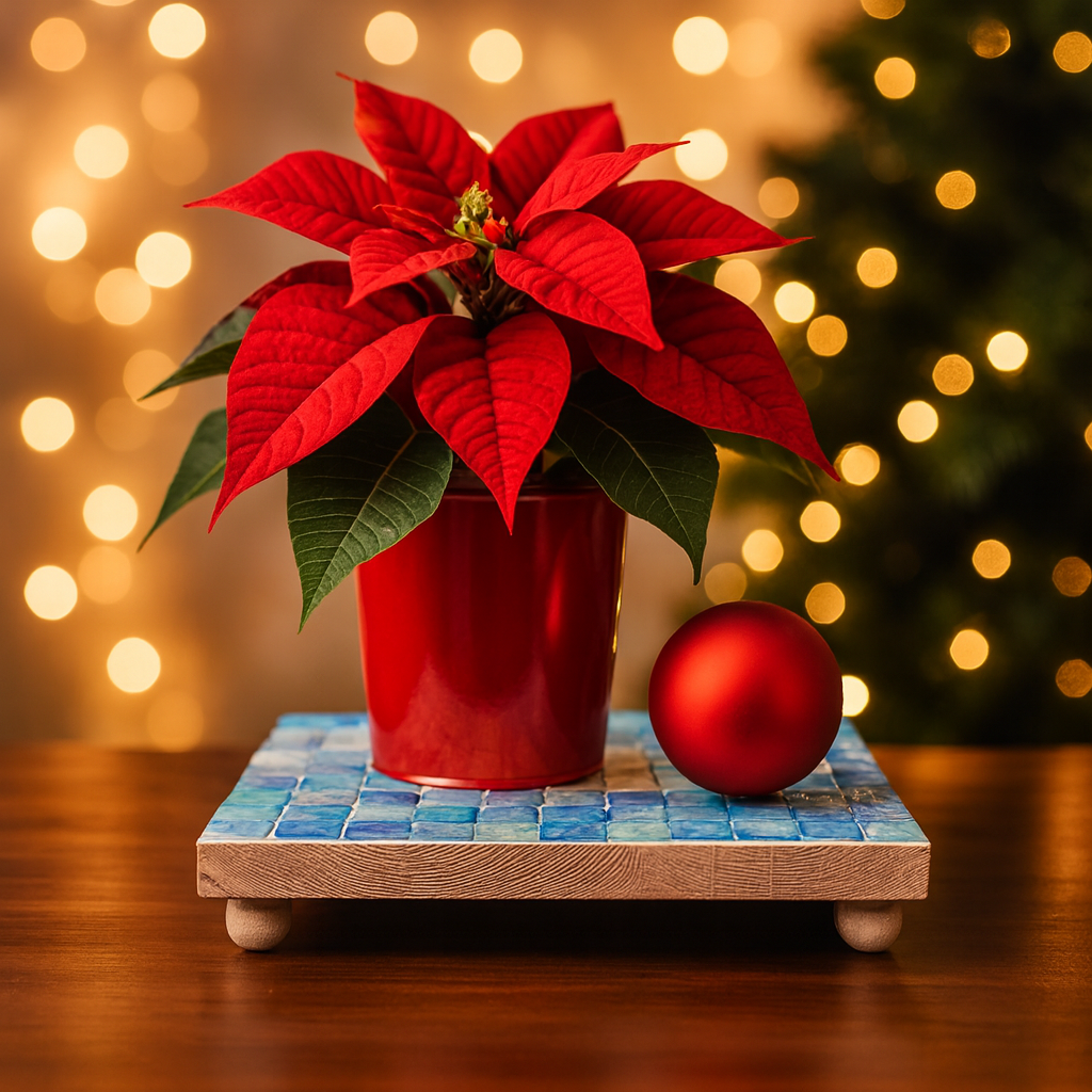 Handcrafted square turquoise plant stand with four legs, showcasing vibrant color and sturdy design for indoor or outdoor use.
