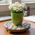 Handcrafted Tree of Life mosaic plant stand with intricate colorful tile design, perfect for displaying potted plants.