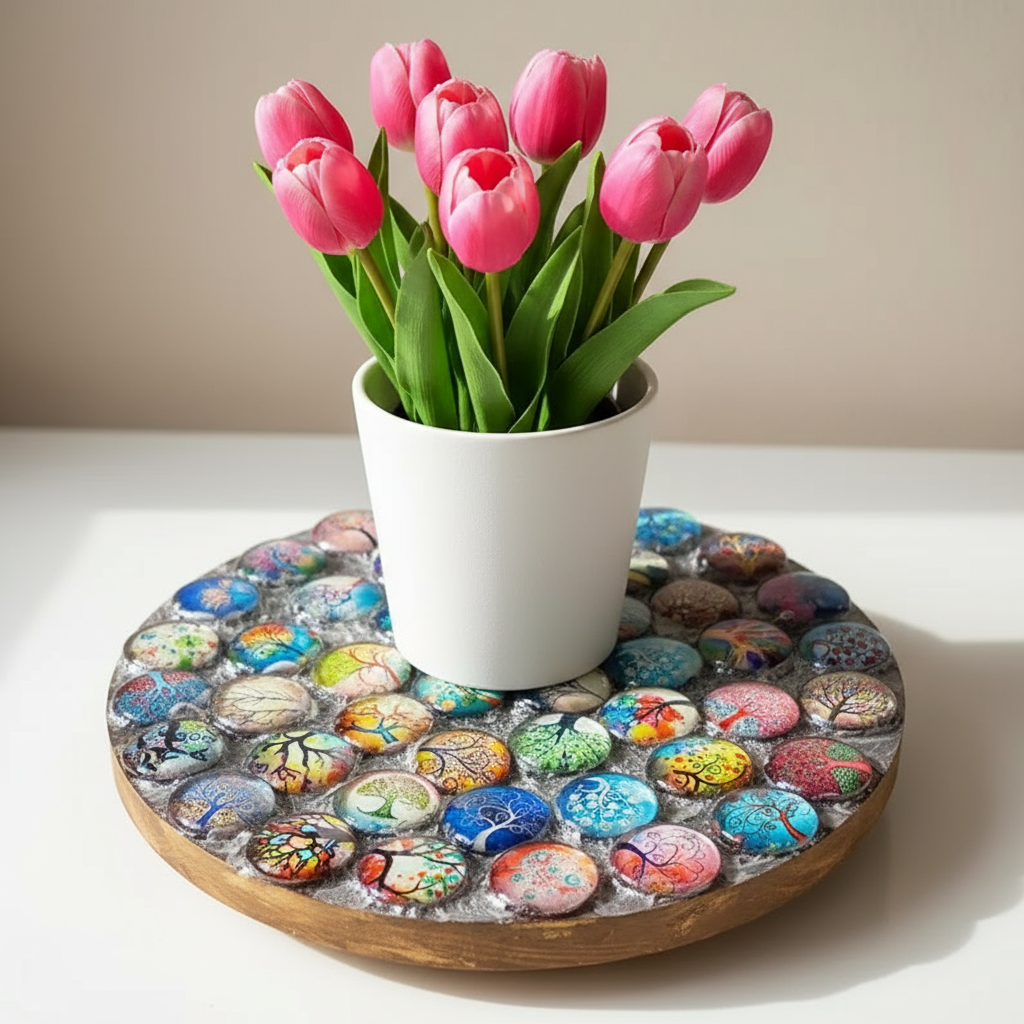 Handcrafted Tree of Life mosaic plant stand with intricate colorful tile design and sturdy metal base.