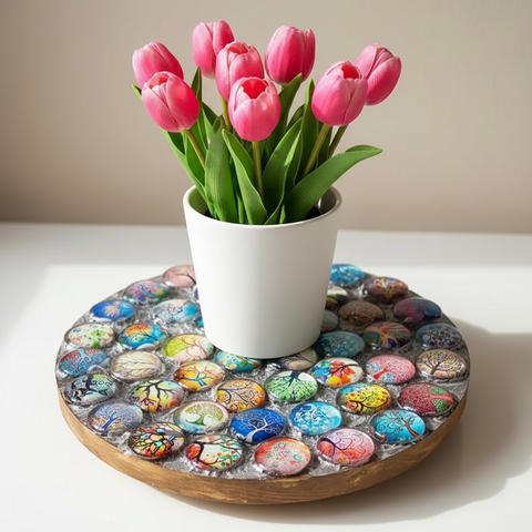 Tree of Life Plant Stand | Handmade Cabochon Plant Stand |Scalloped Edge Plant Stand| Rainbow Plant Riser