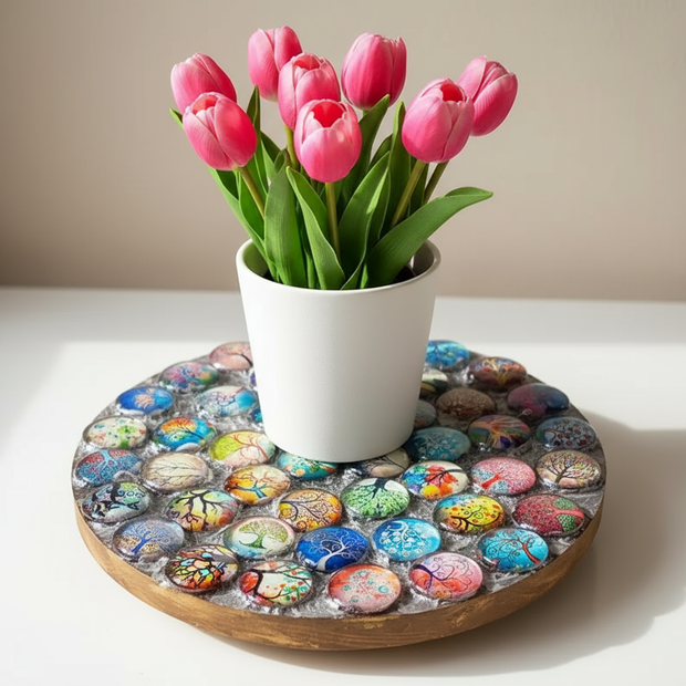 Tree of Life Plant Stand | Handmade Cabochon Plant Stand |Scalloped Edge Plant Stand| Rainbow Plant Riser
