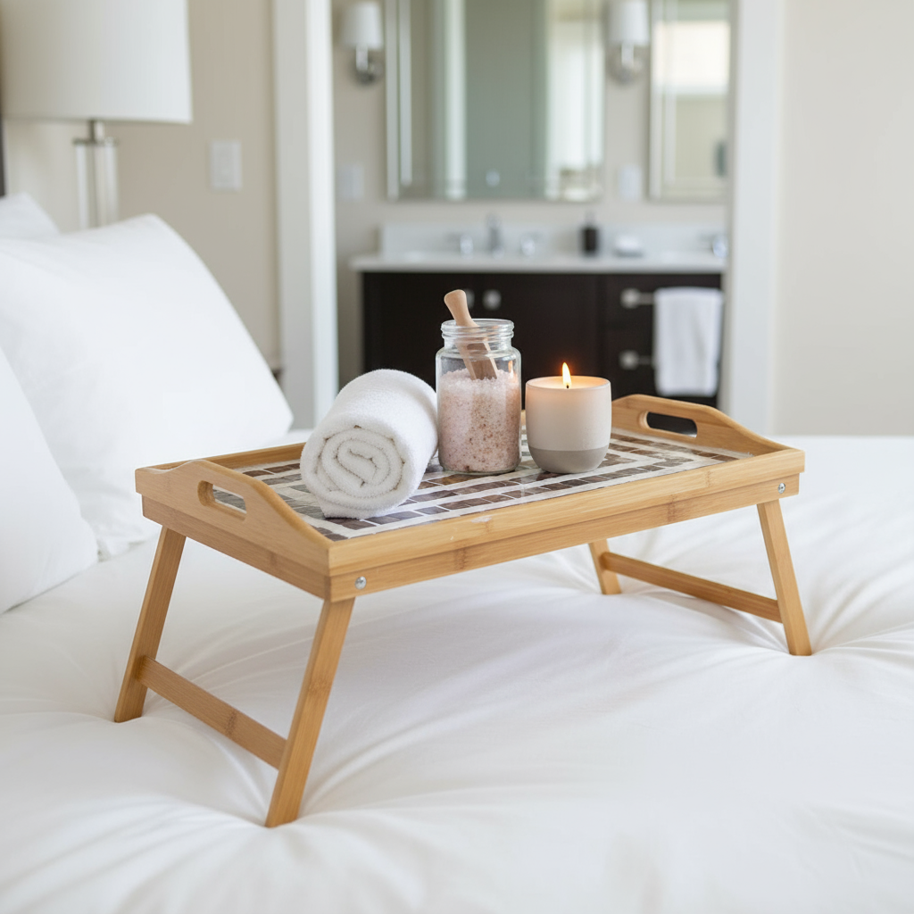 Rustic bamboo bed tray with stone mosaic inlay, featuring handles for serving breakfast or snacks in a natural, handcrafted design.