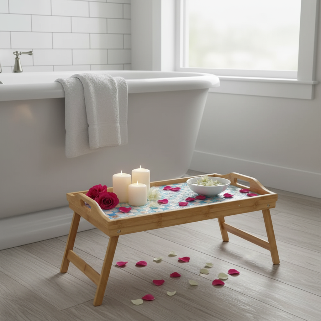 Luxury bamboo bed tray with mosaic inlay, showcasing a stylish and functional design for serving and breakfast in bed.
