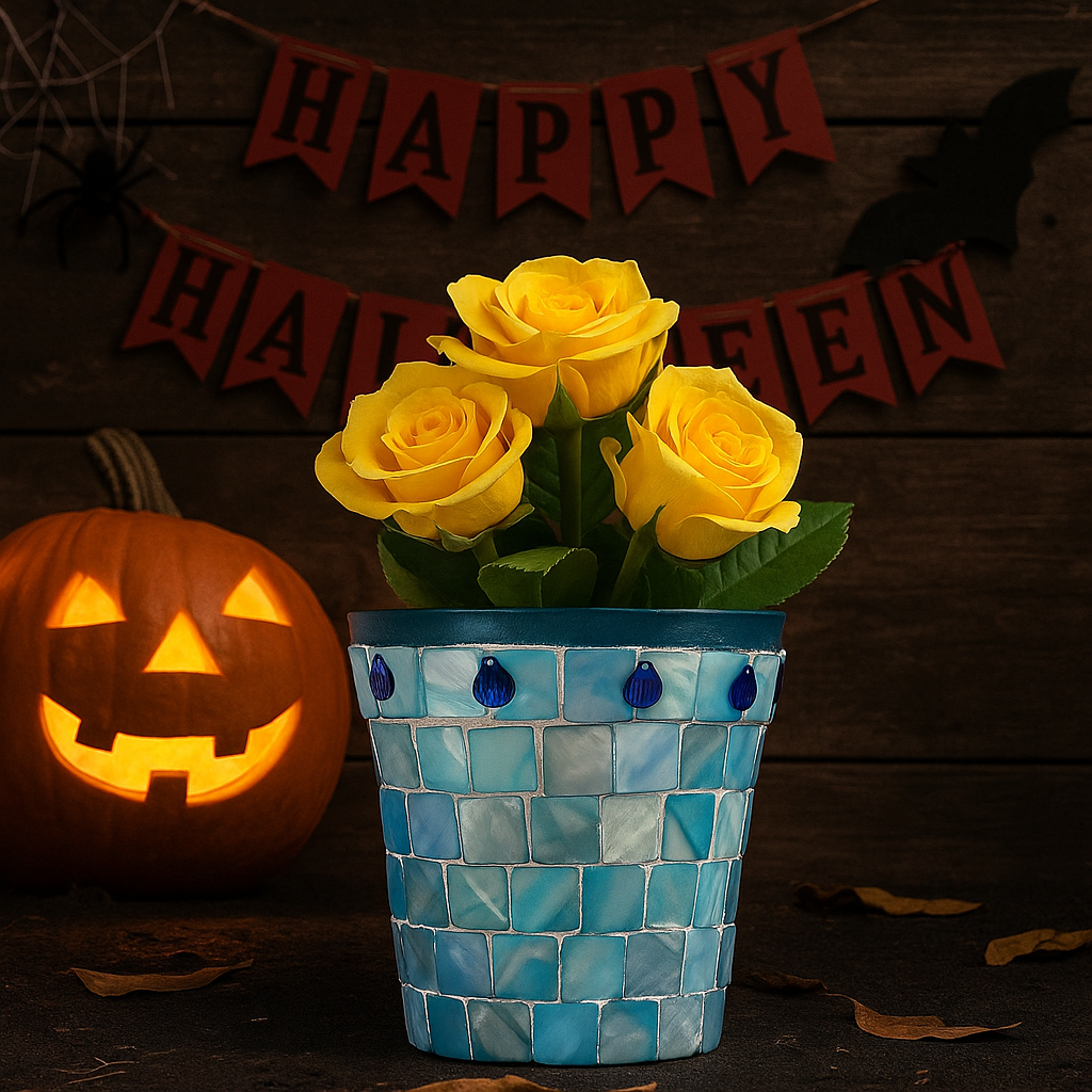 Turquoise mother of pearl flower pot with floral design, crafted by My Store, showcasing intricate shell inlay and decorative style.