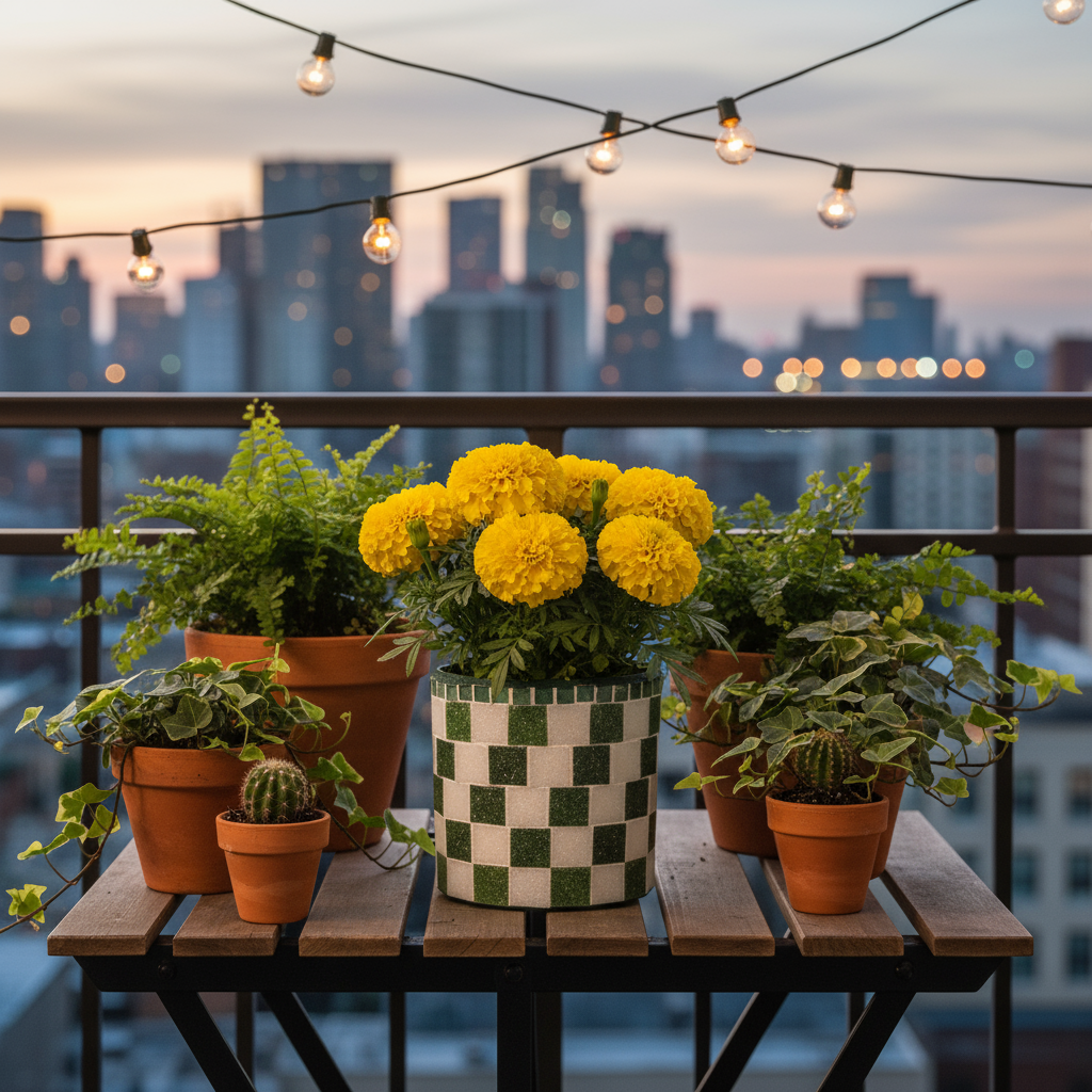 Modern green and white checkerboard mosaic herb planter with a square shape and vibrant design for indoor or outdoor use.