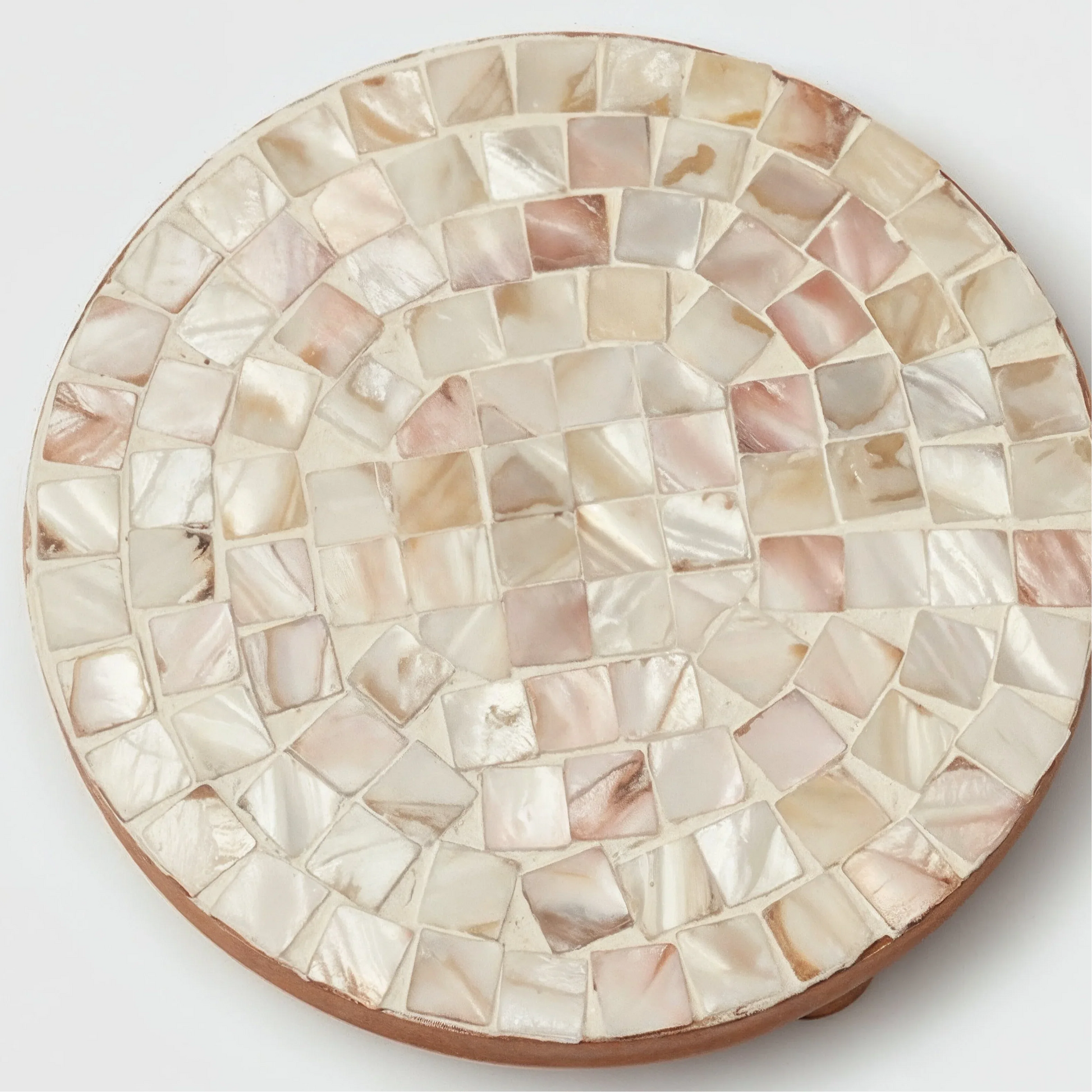 Handmade Mother of Pearl mosaic decorative stand by Miss Bette's Creations, featuring intricate shell patterns on a sturdy base.