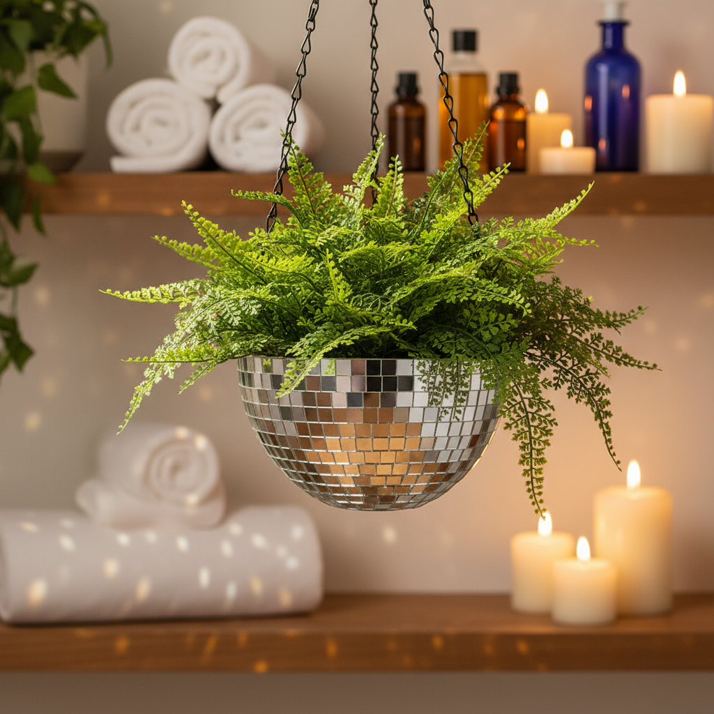 Hanging disco ball planter with artificial pink carnations, decorative floral arrangement for home decor by Miss Bette's Creations
