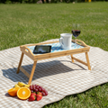 Luxury bamboo bed tray with mosaic inlay, featuring a spacious surface and elegant design for dining or serving in a bedroom.