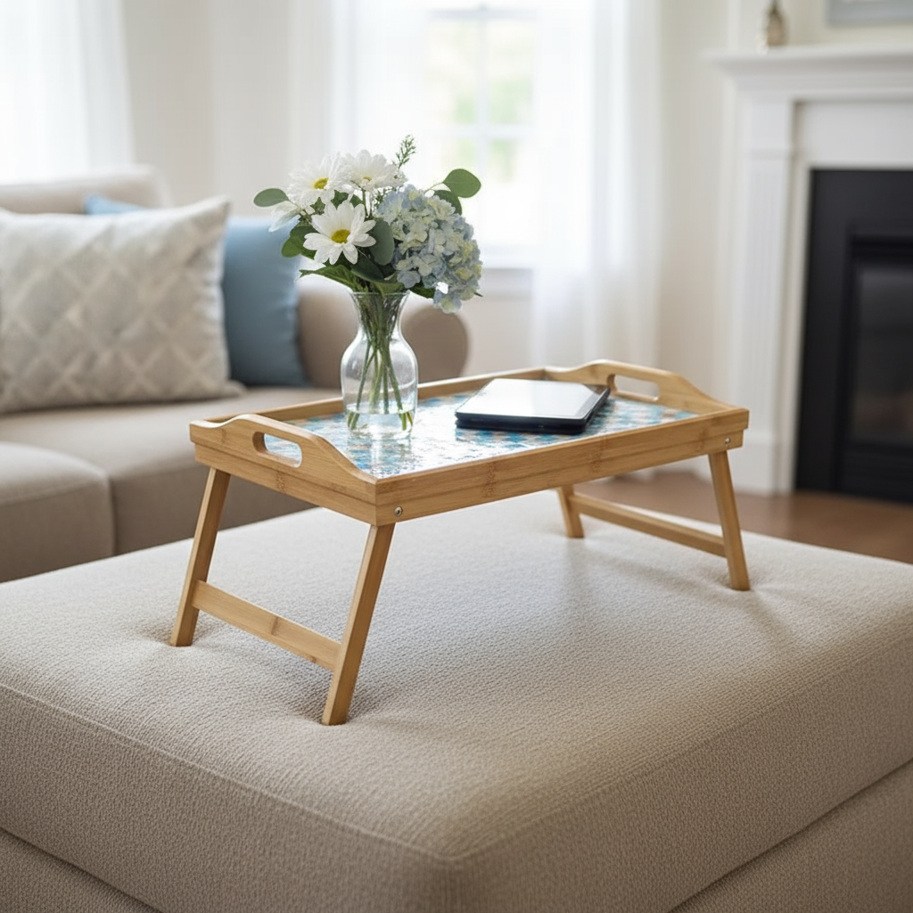 Luxury bamboo bed tray with mosaic inlay, featuring a sleek design and sturdy handles for convenient use.
