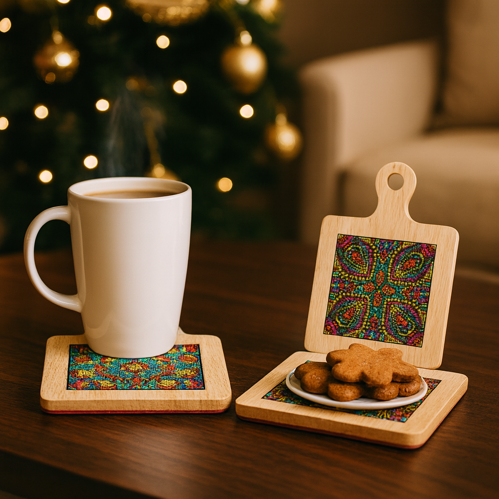 Handcrafted diamond art wood cutting board with intricate design, featuring smooth finish and natural wood grain.