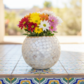 Iridescent white scalloped mosaic bowl with handcrafted design, showcasing shimmering tiles and decorative scalloped edges.
