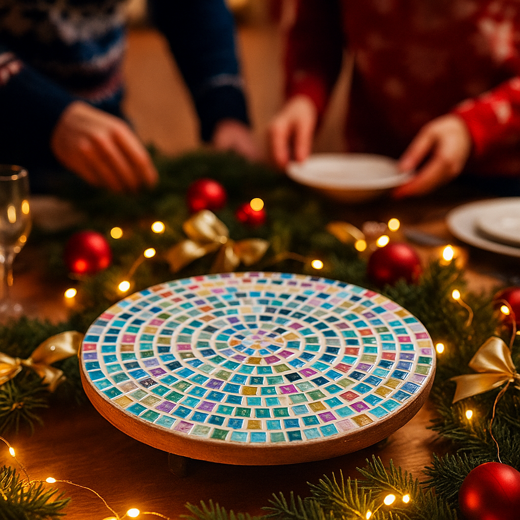 Handcrafted round rainbow mosaic plant stand with vibrant colorful tiles, perfect for showcasing potted plants.