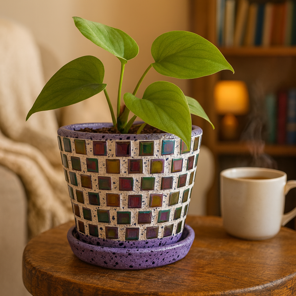 Colorful purple and green mosaic flower pot with floral pattern, handcrafted ceramic planter for indoor or outdoor use.