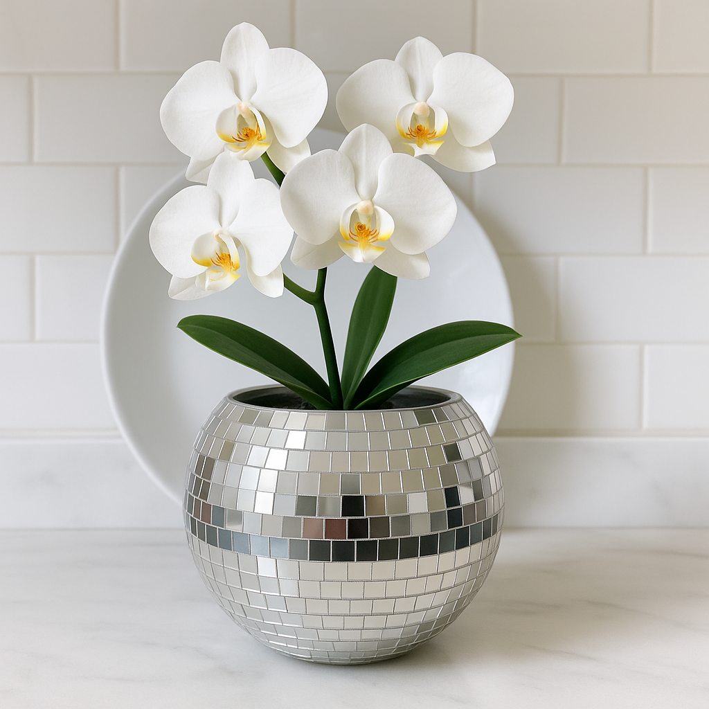 Mirror Ball Disco Globe Vase with reflective surface and spherical design, perfect for modern decor.