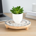Handcrafted wooden mosaic plant stand with colorful tile patterns, designed by Miss Bette's Creations.