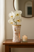 Elegant mother of pearl mosaic flower vase with floral design, featuring a sleek, glossy finish and intricate mosaic pattern.