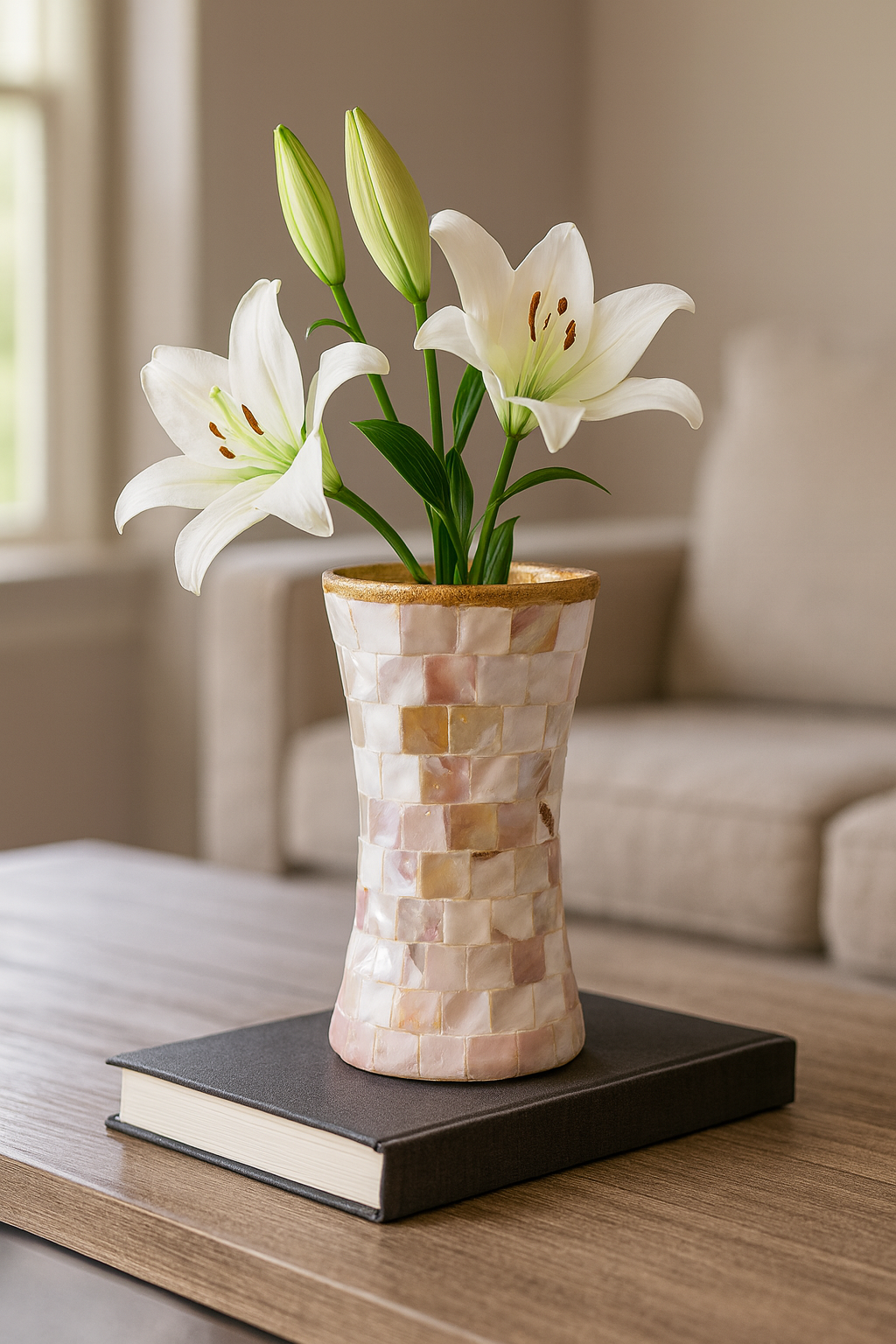 Elegant mother of pearl mosaic flower vase with floral design, featuring intricate mosaic pattern and glossy finish.