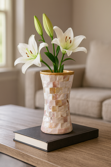 Elegant mother of pearl mosaic flower vase with floral design, featuring intricate mosaic pattern and glossy finish.