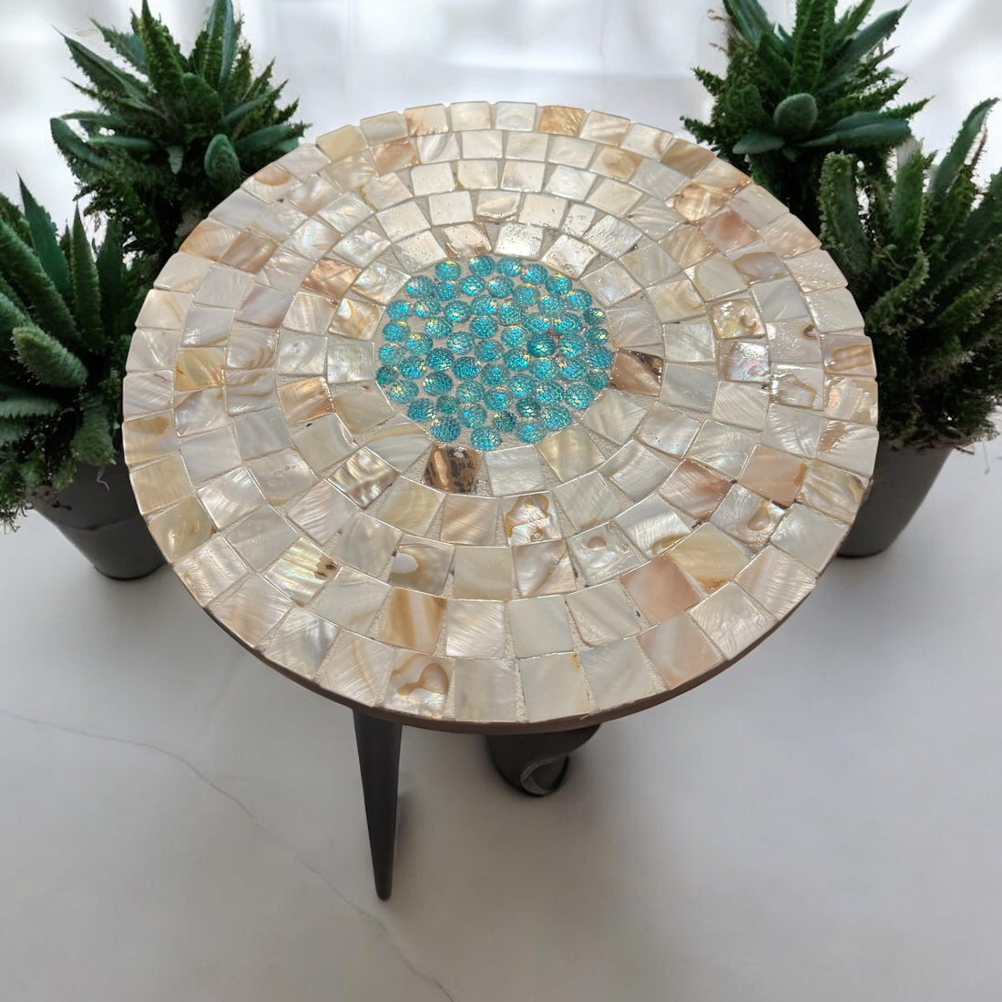 Tall Mother of Pearl Mosaic Plant Stand by Miss Bette's Creations with intricate pearl mosaic design for indoor or outdoor use.