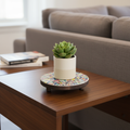 Colorful 10-inch handcrafted rainbow mosaic plant stand by Miss Bette's Creations, featuring vibrant tile patterns and sturdy design.