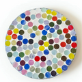 Handcrafted polka dot rainbow mosaic plant stand by Miss Bette's Creations, featuring colorful tiled design and sturdy structure.