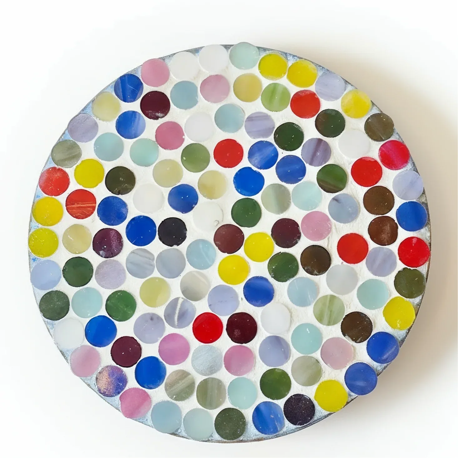 Handcrafted polka dot rainbow mosaic plant stand by Miss Bette's Creations, featuring colorful tiled design and sturdy structure.
