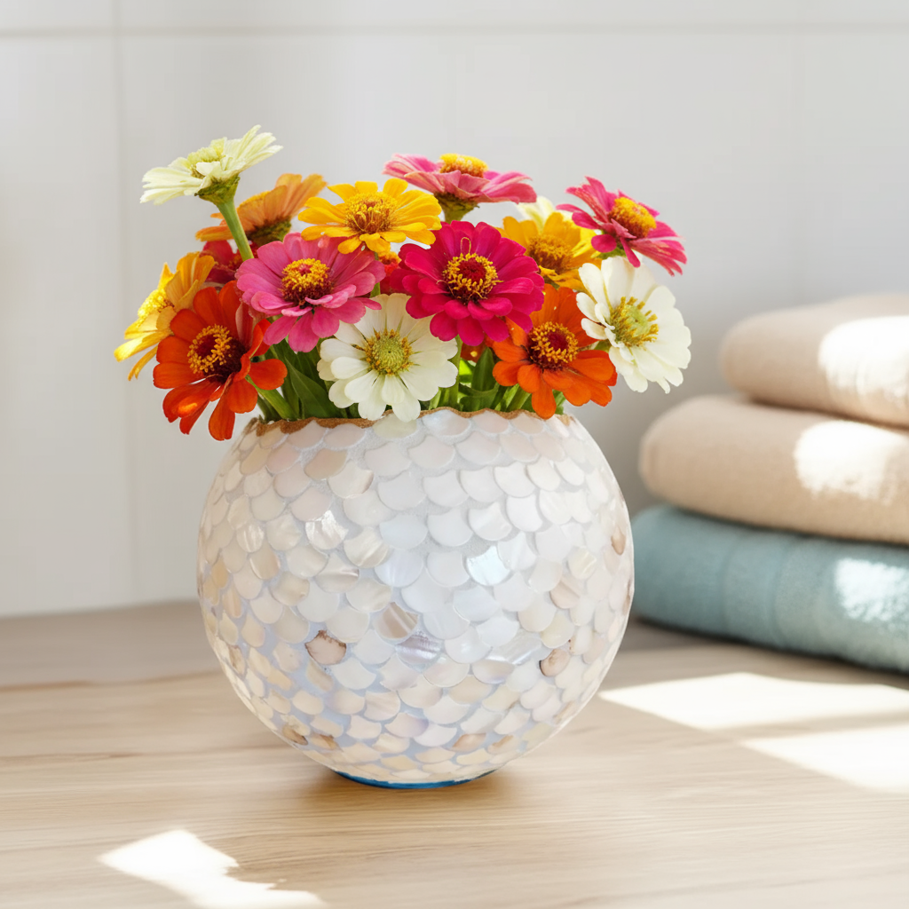 Iridescent white scalloped mosaic bowl with handcrafted design, showcasing shimmering, colorful glass tiles and intricate edges.