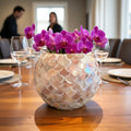 Handcrafted scalloped Capiz-style mosaic bowl with iridescent shell pattern, showcasing intricate design and shimmering surface.
