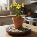 Handcrafted Tree of Life mosaic plant stand with colorful glass tiles and metal frame, designed for indoor or outdoor use.
