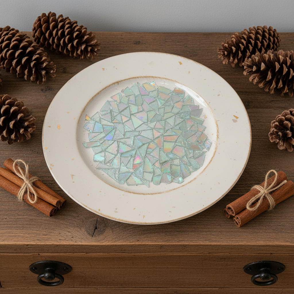 Multicolored rainbow mosaic fruit plate with vibrant, intricate tile design showcasing fresh fruits on a decorative platter.