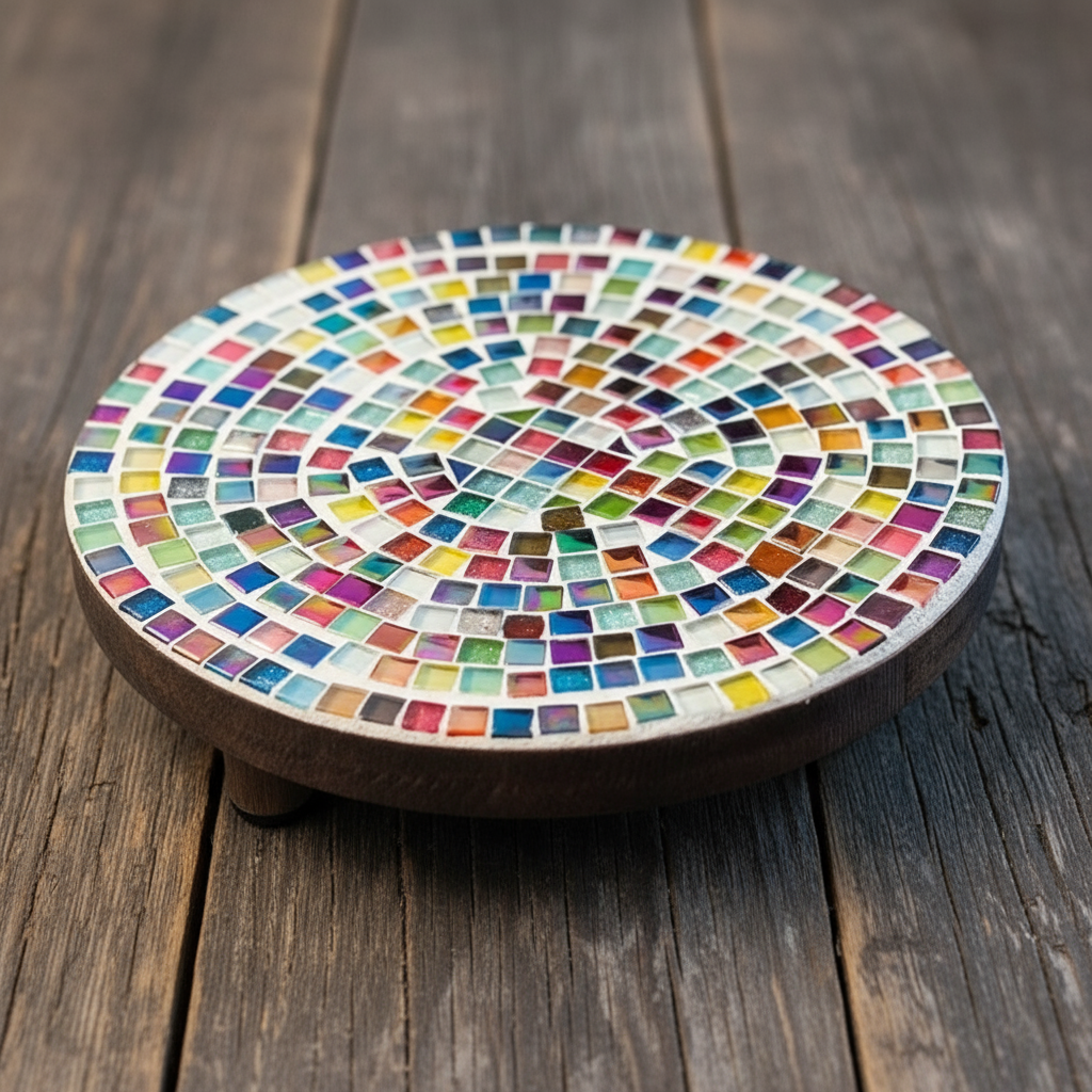 Colorful 10-inch handcrafted rainbow mosaic plant stand by Miss Bette's Creations, featuring vibrant tiles and sturdy design for indoor plants.