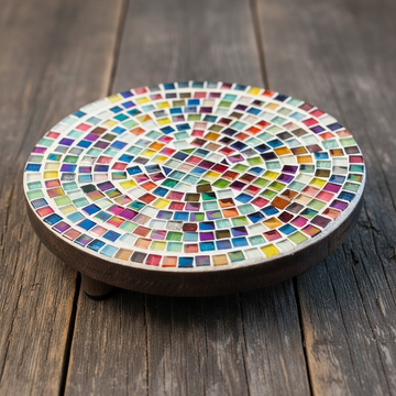 Colorful 10-inch handcrafted rainbow mosaic plant stand by Miss Bette's Creations, featuring vibrant tiles and sturdy design for indoor plants.
