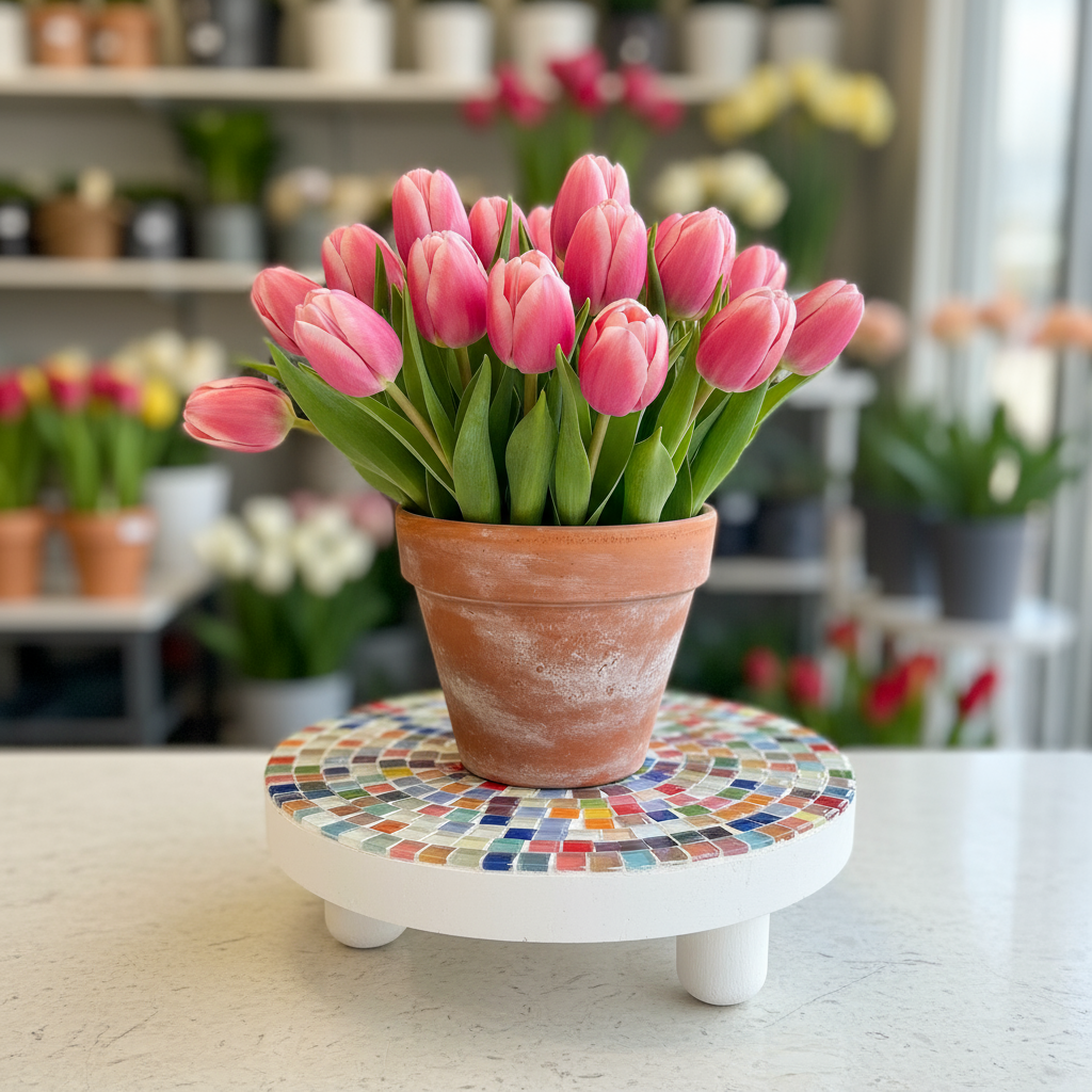 Handcrafted white rainbow mosaic plant stand with colorful tiled design, ideal for displaying potted plants indoors or outdoors.