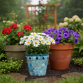 Artisan teal mosaic planter with mother of pearl accents, handcrafted by Miss Bette's Creations.