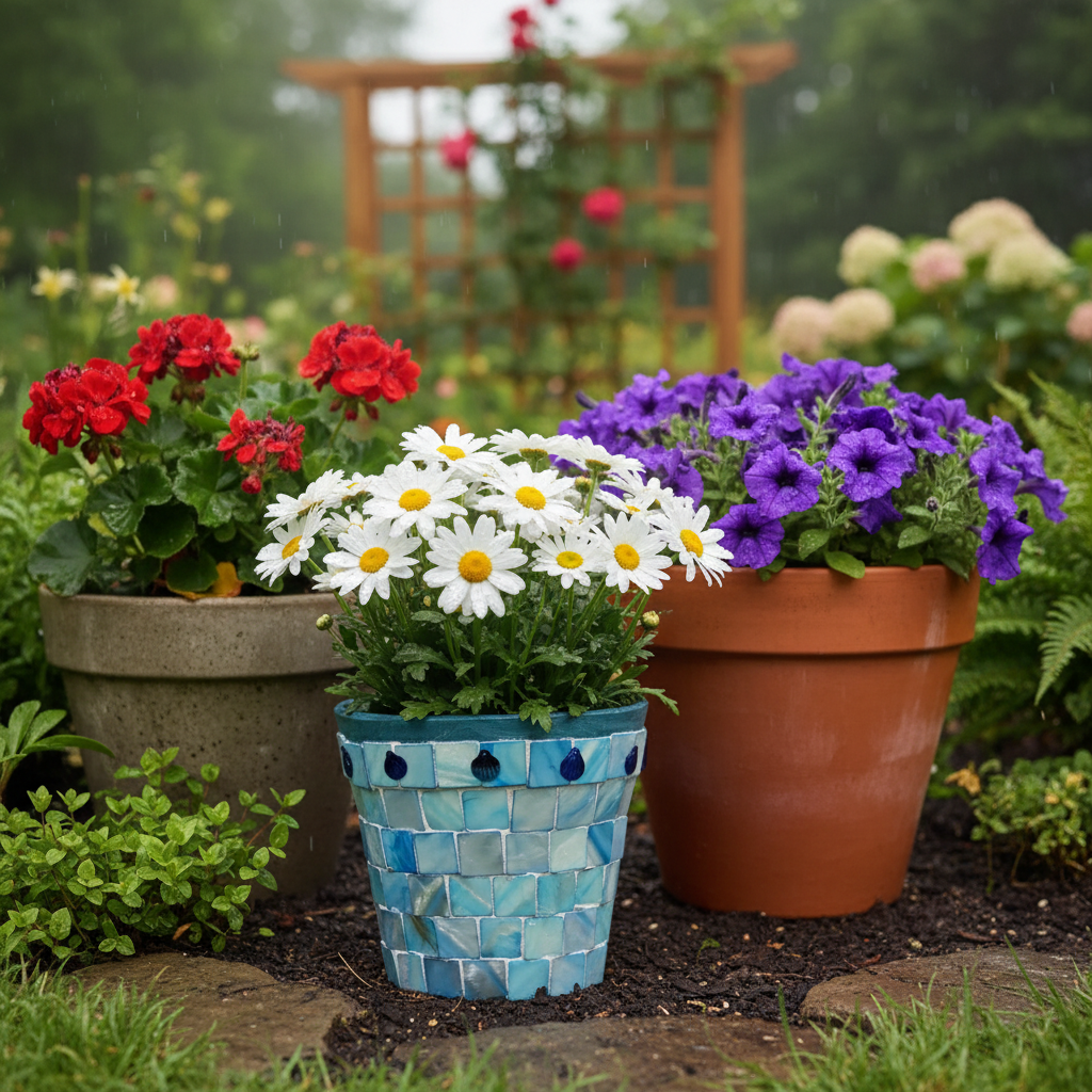 Artisan teal mosaic planter with mother of pearl accents, handcrafted by Miss Bette's Creations.