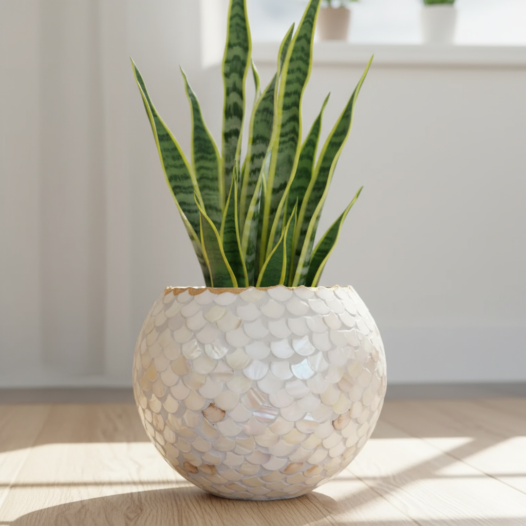 Iridescent white scalloped mosaic bowl with handcrafted design, showcasing shimmering mosaic tiles on a decorative dish.
