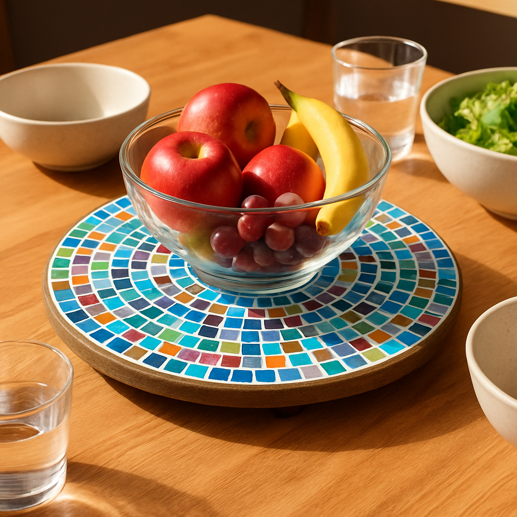 Colorful handcrafted round rainbow mosaic plant stand with a sturdy base, ideal for displaying potted plants indoors or outdoors.