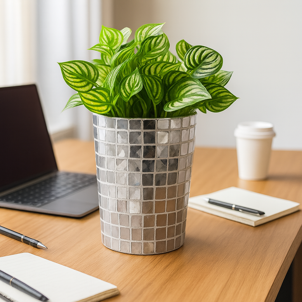 Artificial snake plant in a silver mosaic planter, showcasing lush green leaves and decorative silver design from Miss Bette's Creations.
