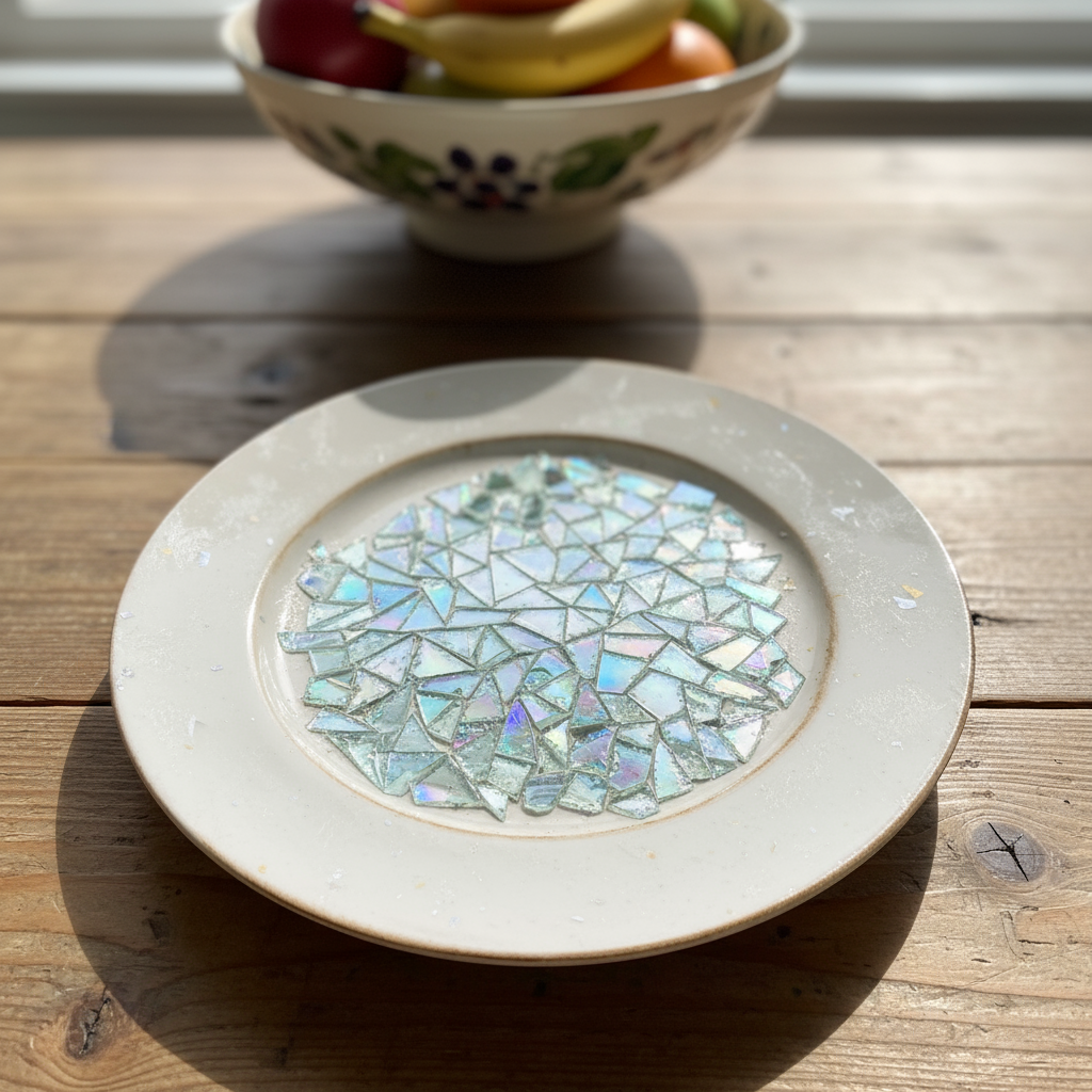 Multicolored rainbow mosaic fruit plate with vibrant, geometric design and assorted fresh fruits arranged on a white background.