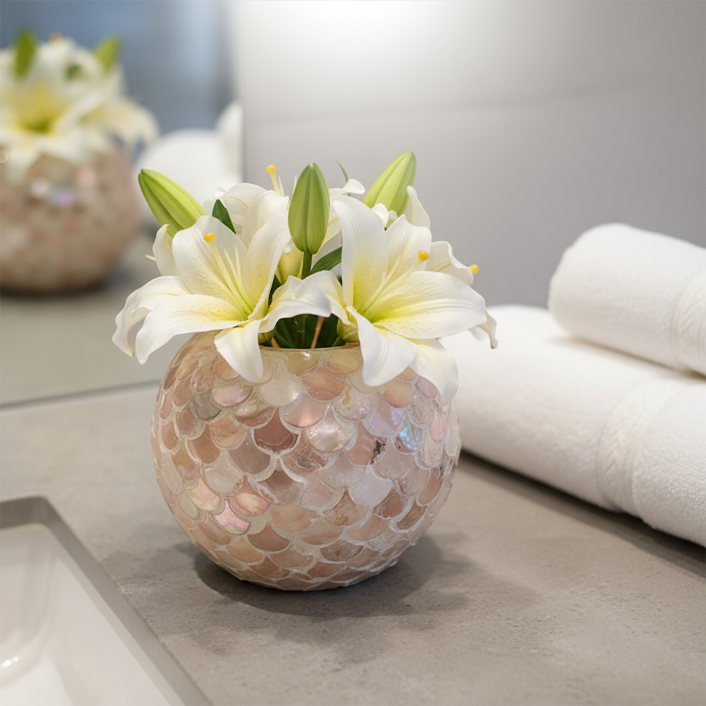 Handcrafted scalloped capiz-style mosaic bowl with iridescent shell pattern, showcasing intricate design and shimmering surface.