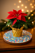 Colorful handcrafted round rainbow mosaic plant stand with intricate tile patterns, perfect for displaying potted plants.