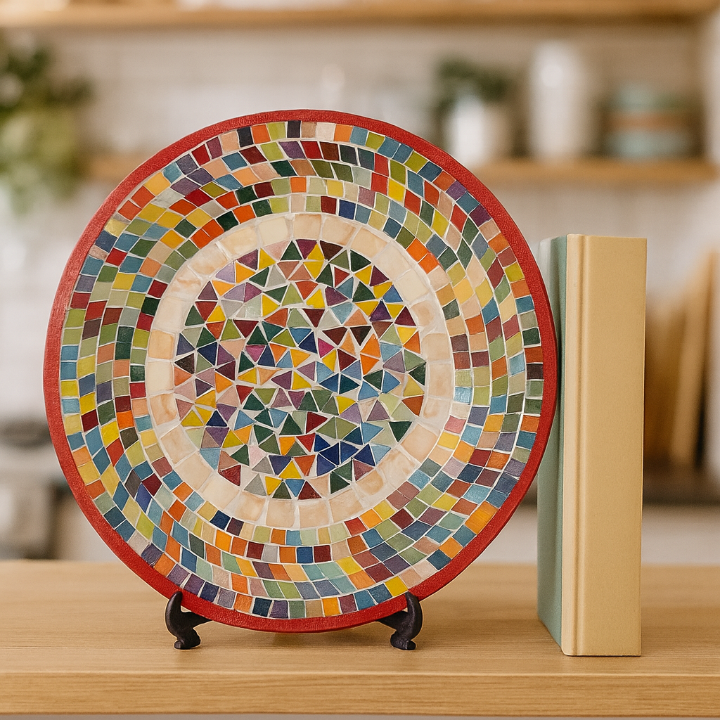 Vibrant mosaic fruit bowl with colorful glass tiles, handcrafted by My Store, showcasing intricate design and bright, decorative patterns.