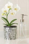 Luminous smoky pearl mosaic vase with intricate pattern, decorative ceramic vase showcasing shimmering mosaic design.