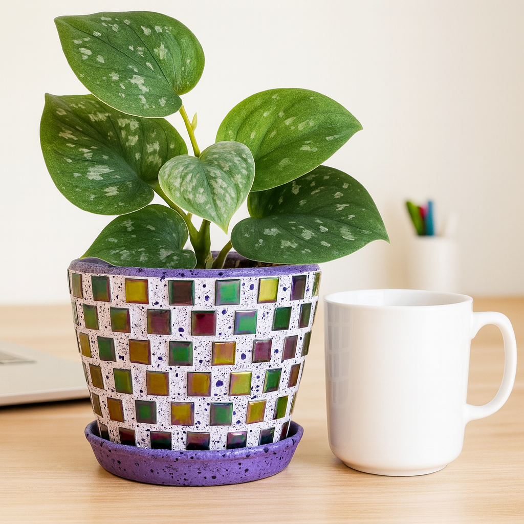 Colorful mosaic flower pot in purple and green with floral design, perfect for indoor or outdoor gardening.