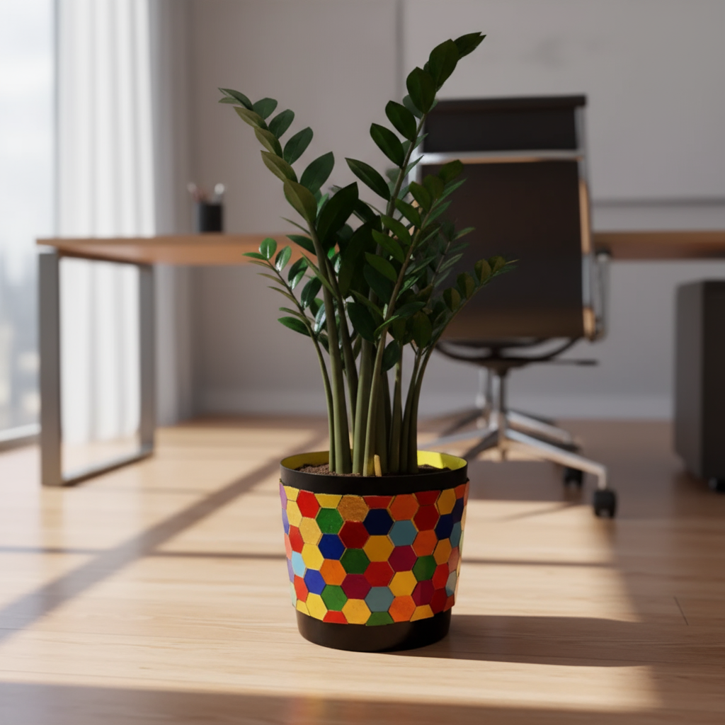 Colorful flower bouquet in a rainbow mosaic hexagon planter, showcasing vibrant blooms and decorative plant container.